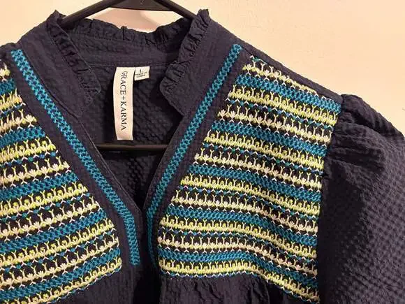 Grace + Karma Navy Blue Ruffle Neck Embroidered Seersucker Blouse - Picture 2 of 3